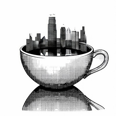 A cityscape reflected in a cup of tea art black white.