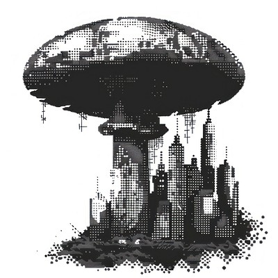 A mushroom with a city on top art pixelated black.