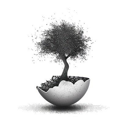 A tree growing from a cracked egg art illustration illustrated.