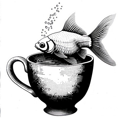 Goldfish swimming in a teacup black white art.