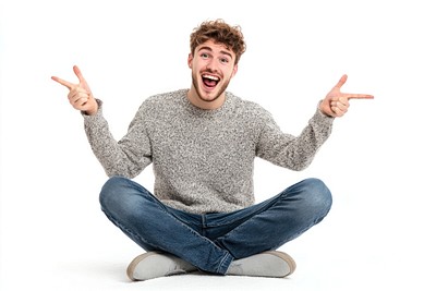 Excited young man sitting sweater background clothing.