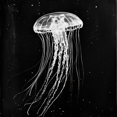 A jellyfish made of strings and threads background black bioluminescent.