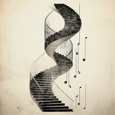 A musical note unraveling into a spiraling staircase concept design black.