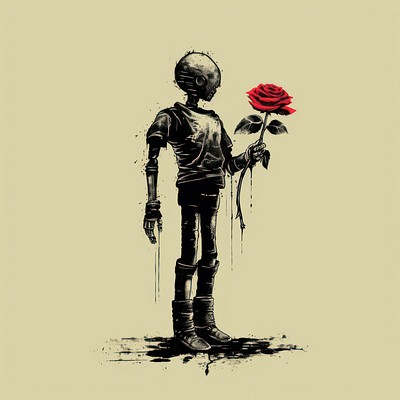 A robot holding a wilted flower nature design rose.