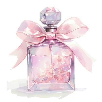 A perfume bottle tied with ribbon watercolor pink art.