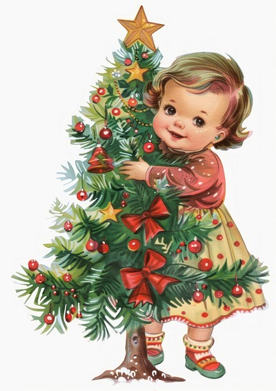 Baby girl smile hugging a christmas tree vintage retro baby.