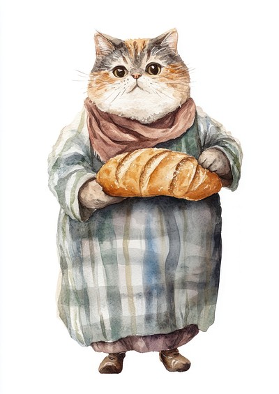 A chubby cat carry a bread illustration watercolor clothing.