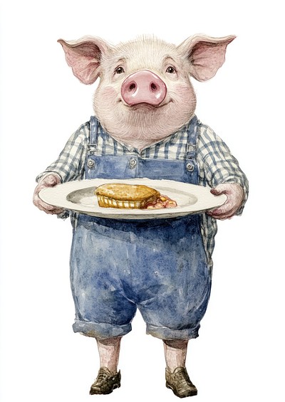 A pig carry a diner food dish illustration watercolor animal.