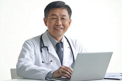 Happy mature asian doctor looking young and smart using laptop looking at camera professional consultation electronics.