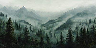 Misty forest mountains with tall green trees landscape nature fog.