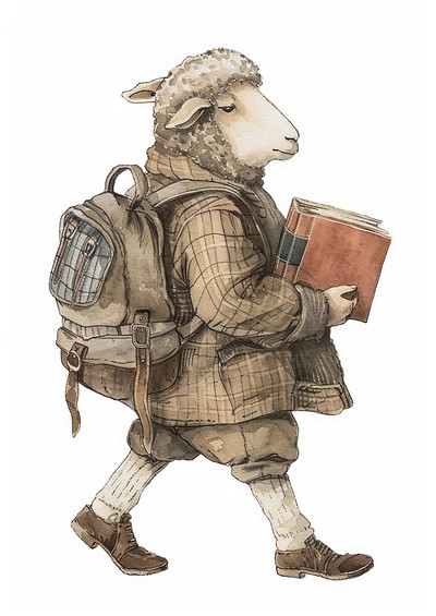 A sheep carry a book watercolor art illustration backpack.