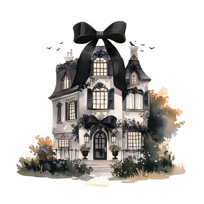 Black coquette house architecture illustration ribbon.