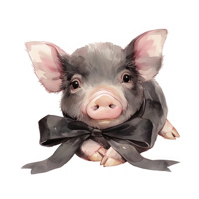 Black coquette pig illustration watercolor animal.