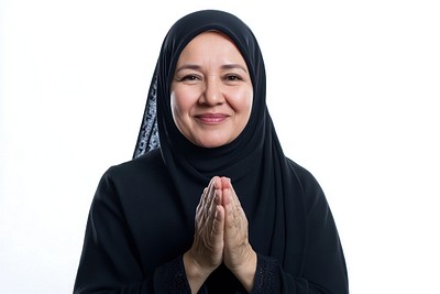 Muslim mature woman clapping background white white background.