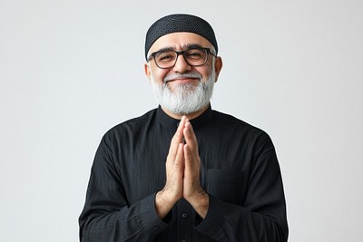 Muslim mature man clapping glasses happy white.