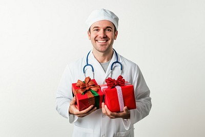 An american doctor carry christmas gifts professional holiday man.