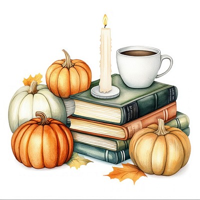 3 books in pile pumpkins coffee candle.