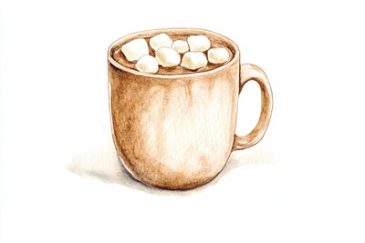 Hot cocoa mug marshmallows illustration watercolor.