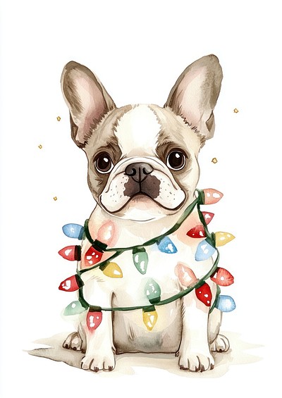 Cute dog wrapped in Christmas Lights bulldog illustration christmas.