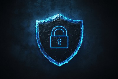 Glowing blue shield security digital lock.