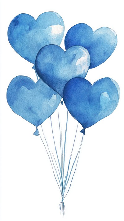 Six blue heart-shaped balloons illustration watercolor watercolor illustration.