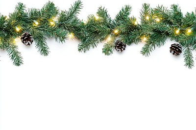 Seamless decorative christmas border with coniferous branches and garlands of christmas lights pine decoration pinecones.