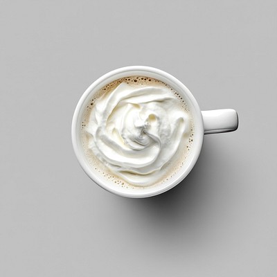 An isolated white cup mug of coffee with whipping cream drink photography beverage.