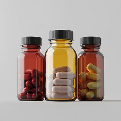 An isolated transparent three bottle full of capsule vitamin with vitamins pills around the bottle capsules bottles pharmaceutical.