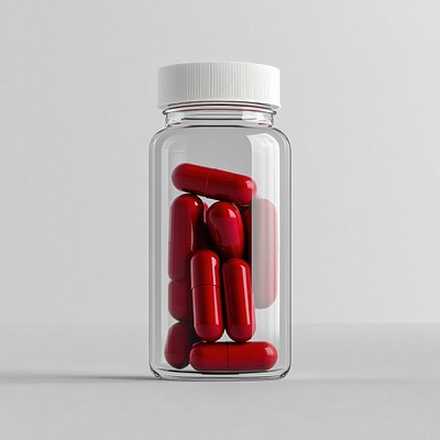 An isolated transparent bottle contain red capsule vitamin medication capsules medical.