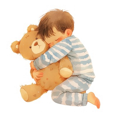 A cute boy Hugging a teddy bear illustration hugging colors.