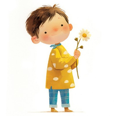 A cute boy holding flower illustration children's style.