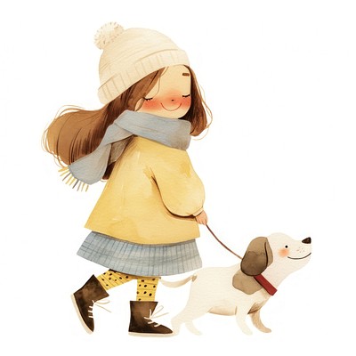 A cute girl Walking a dog child illustration children's.