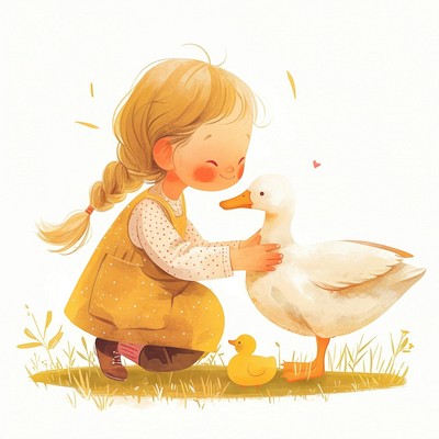 A cute girl Feeding duck illustration children's colors.