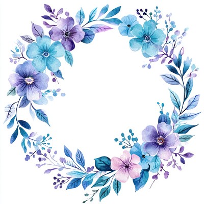 Blue and purple and turquoise flowers circle frame illustration watercolor wreath.