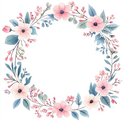 Spring color flowers circle frame illustration watercolor blossoms.