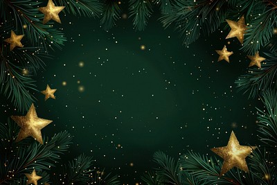 Golden stars and Christmas tree branches christmas background night.