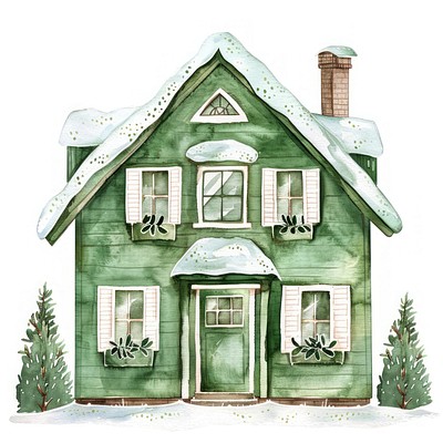 Green Christmas house christmas illustration watercolor.