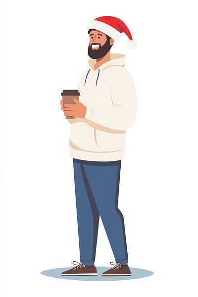 Man holding a cup of coffee face hat standing.