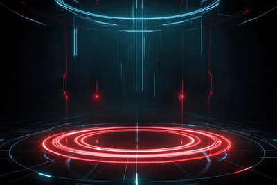 Futuristic minimalist glowing red rings and lines on a dark background lights futuristic technology.