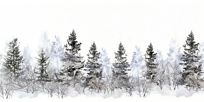 Winter trees watercolor horizontal illustration nature forest.