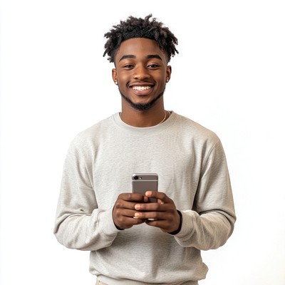 Smiling young black man holding a phone portrait background clothing.