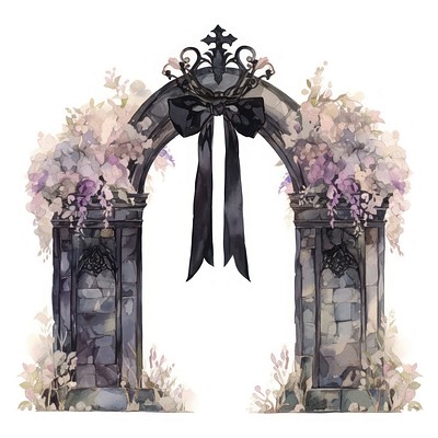 Black coquette gothic arch illustration watercolor flowers.