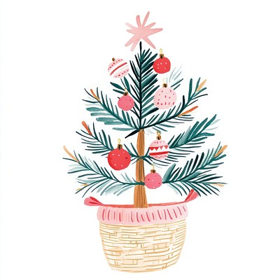 Christmas tree in a basket christmas illustration decoration.