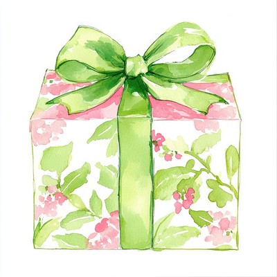 Christmas gift box watercolor green pink.