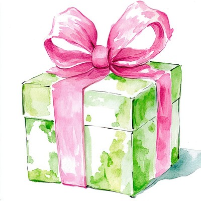 Christmas gift box watercolor green pink.