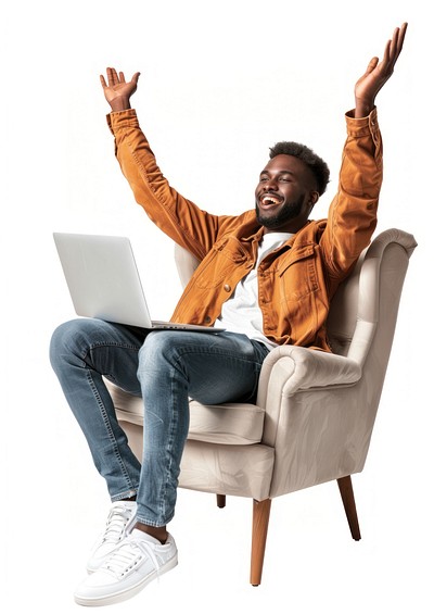 Happy black man sitting in an armchair laptop background raised.