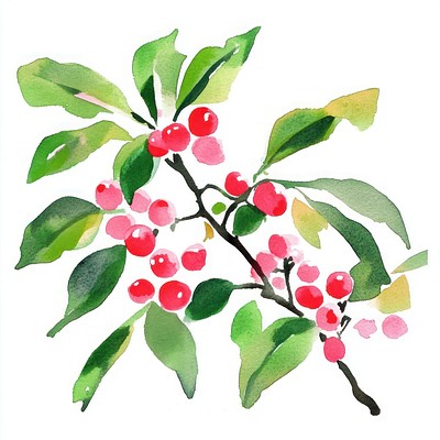 Holly watercolor vibrant leaves.