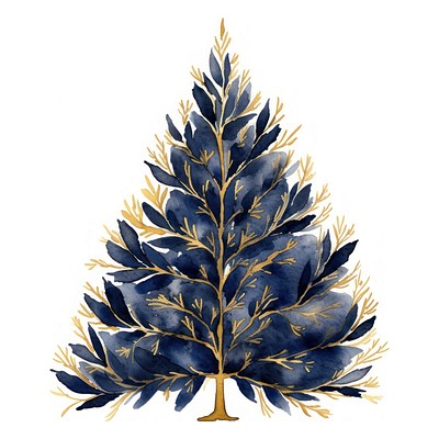 Indigo christmas tree watercolor art illustration.