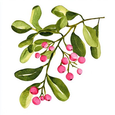 Mistletoe watercolor leaves design.