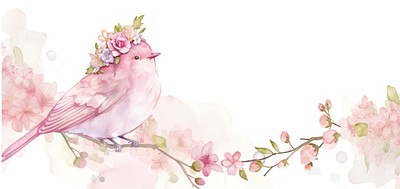 Cute pink bird and white lace art illustration watercolor.